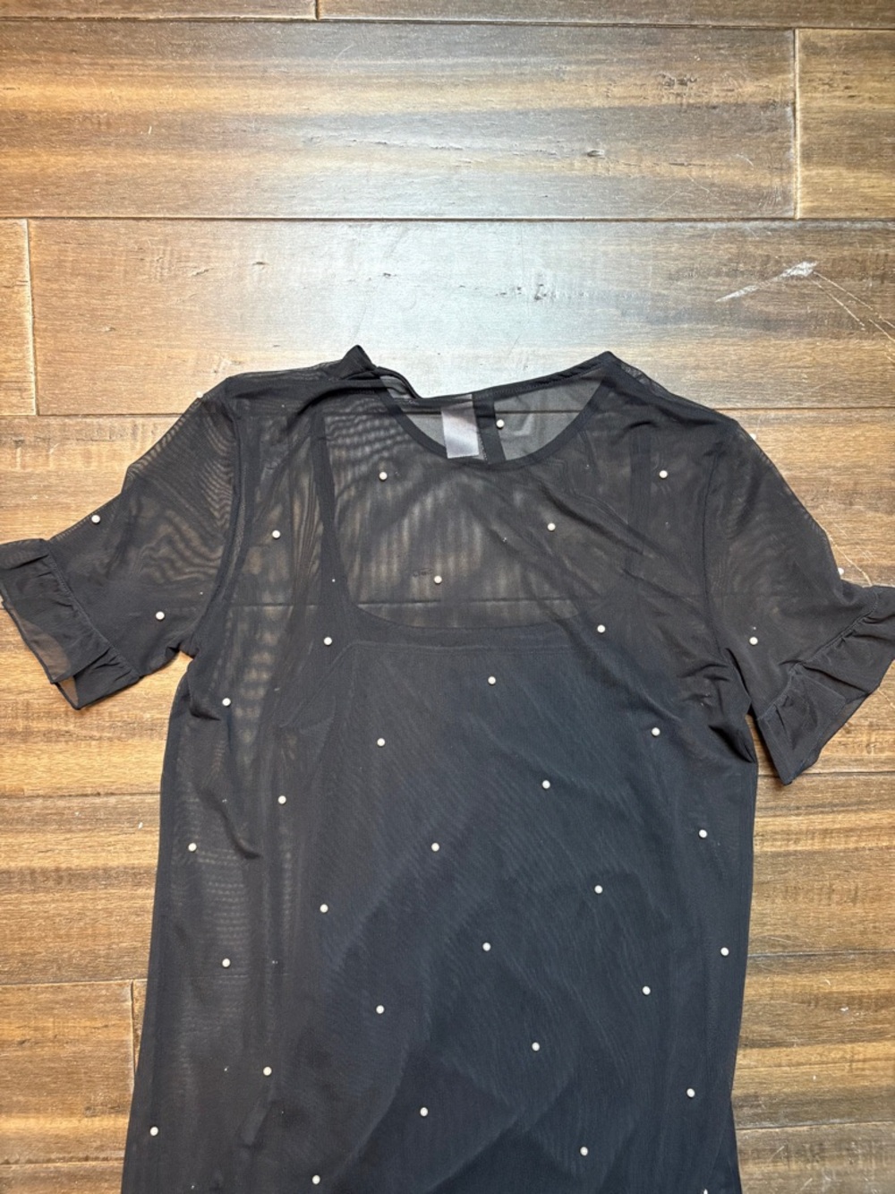Sz 4 Black Dress Sheer Mesh Pearl Studs & Ruffle Hem, Short sleeve mini bodycon - Picture 11 of 11